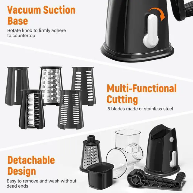 Alt view image 5 of 7 - 5 Blades Rotary Cheese Grater Hand Crank Vegetable Chopper Shredder Spiralizer Slicer Mandoline for Vegetable & Cheese & Fruit, Food Chopper for Kitchen with Blades Storage Box & Suction Base (Black)