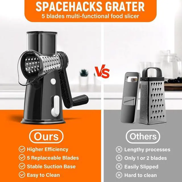 Alt view image 4 of 7 - 5 Blades Rotary Cheese Grater Hand Crank Vegetable Chopper Shredder Spiralizer Slicer Mandoline for Vegetable & Cheese & Fruit, Food Chopper for Kitchen with Blades Storage Box & Suction Base (Black)
