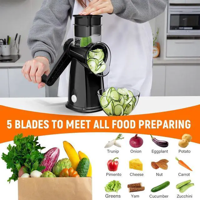 Alt view image 3 of 7 - 5 Blades Rotary Cheese Grater Hand Crank Vegetable Chopper Shredder Spiralizer Slicer Mandoline for Vegetable & Cheese & Fruit, Food Chopper for Kitchen with Blades Storage Box & Suction Base (Black)