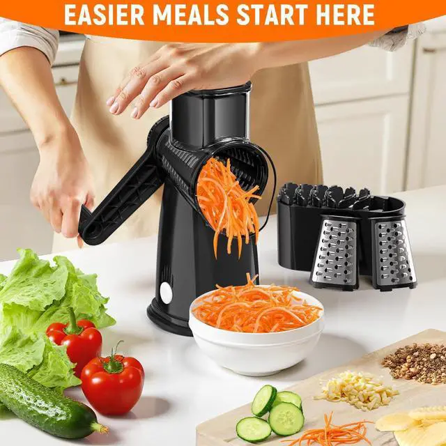 Alt view image 6 of 7 - 5 Blades Rotary Cheese Grater Hand Crank Vegetable Chopper Shredder Spiralizer Slicer Mandoline for Vegetable & Cheese & Fruit, Food Chopper for Kitchen with Blades Storage Box & Suction Base (Black)