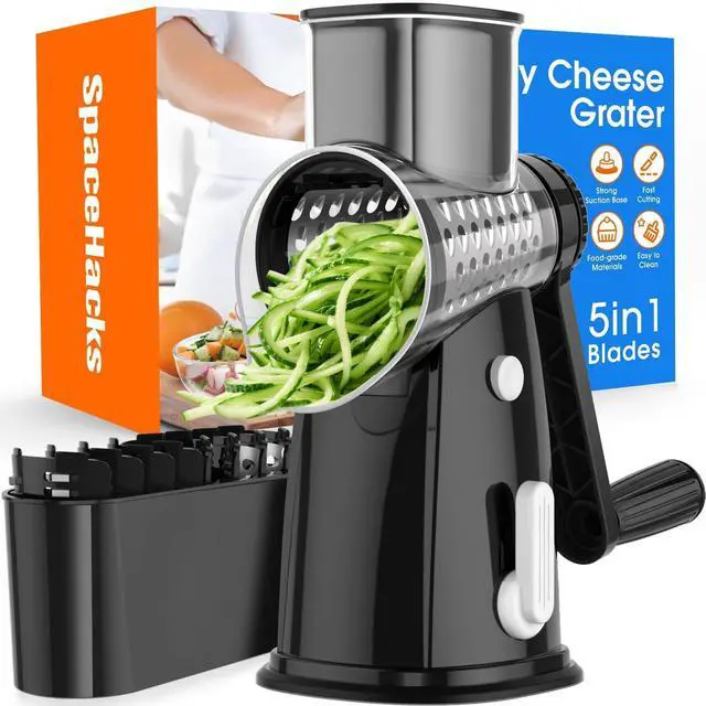 Main image of 5 Blades Rotary Cheese Grater Hand Crank Vegetable Chopper Shredder Spiralizer Slicer Mandoline for Vegetable & Cheese & Fruit, Food Chopper for Kitchen with Blades Storage Box & Suction Base (Black)