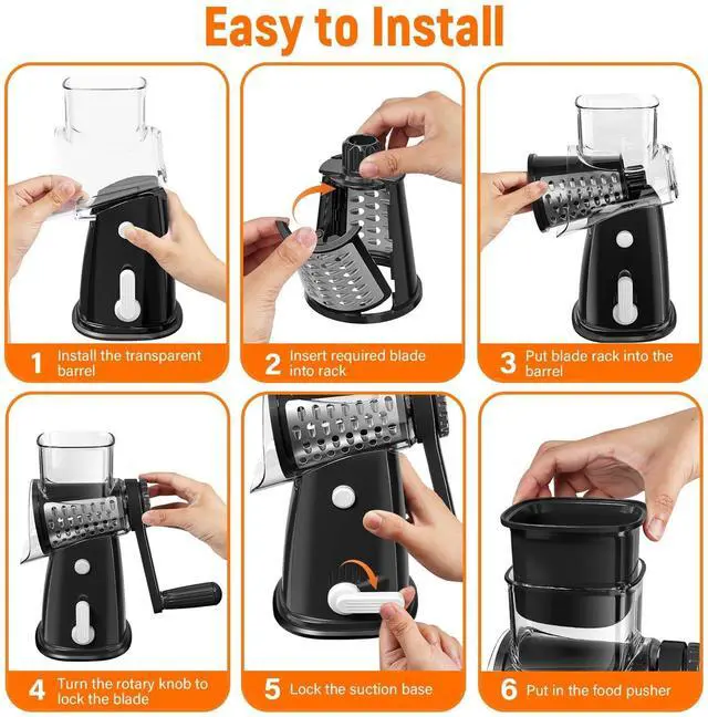 Alt view image 7 of 7 - 5 Blades Rotary Cheese Grater Hand Crank Vegetable Chopper Shredder Spiralizer Slicer Mandoline for Vegetable & Cheese & Fruit, Food Chopper for Kitchen with Blades Storage Box & Suction Base (Black)