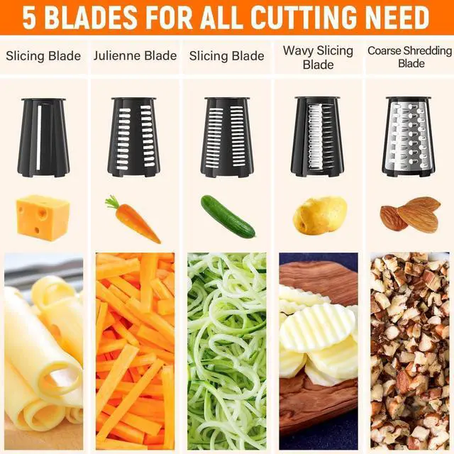 Alt view image 2 of 7 - 5 Blades Rotary Cheese Grater Hand Crank Vegetable Chopper Shredder Spiralizer Slicer Mandoline for Vegetable & Cheese & Fruit, Food Chopper for Kitchen with Blades Storage Box & Suction Base (Black)