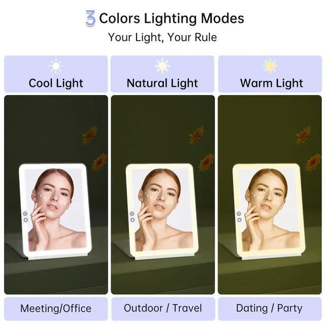 Alt view image 6 of 7 - Rechargeable Large Travel Makeup Mirror with Lights, 2500mAh 10x7.5 Portable Lighted Makeup Mirror with 3 Color Lights, Dimming Folding Light Up Travel Mirrors with 10X Magnifying Mirror