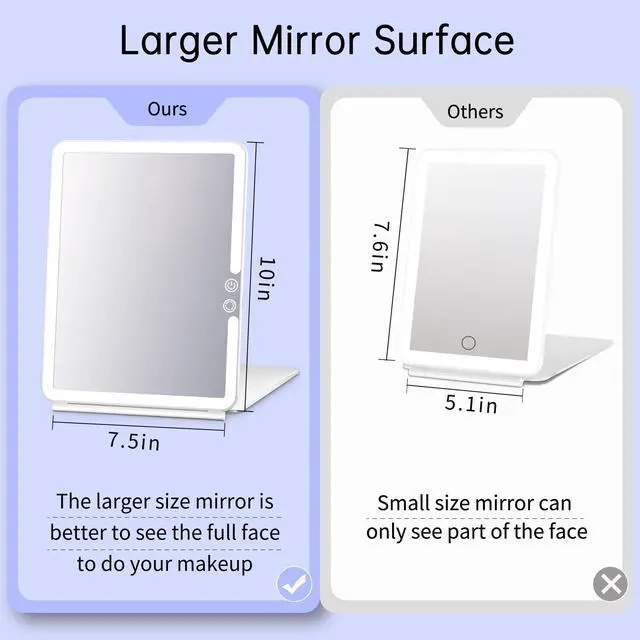 Alt view image 3 of 7 - Rechargeable Large Travel Makeup Mirror with Lights, 2500mAh 10x7.5 Portable Lighted Makeup Mirror with 3 Color Lights, Dimming Folding Light Up Travel Mirrors with 10X Magnifying Mirror