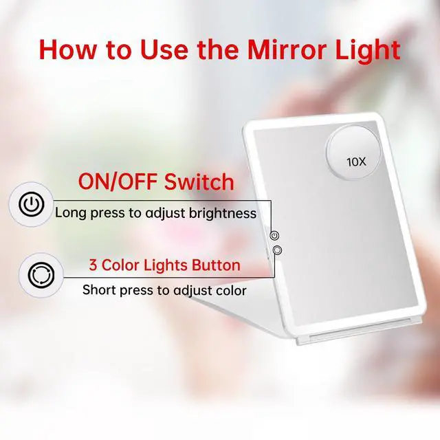 Alt view image 5 of 7 - Rechargeable Large Travel Makeup Mirror with Lights, 2500mAh 10x7.5 Portable Lighted Makeup Mirror with 3 Color Lights, Dimming Folding Light Up Travel Mirrors with 10X Magnifying Mirror