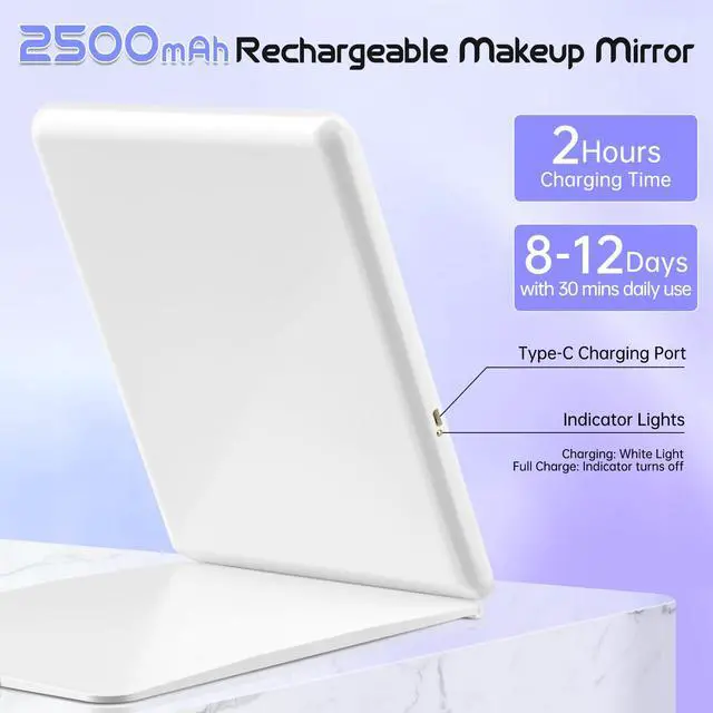 Alt view image 2 of 7 - Rechargeable Large Travel Makeup Mirror with Lights, 2500mAh 10x7.5 Portable Lighted Makeup Mirror with 3 Color Lights, Dimming Folding Light Up Travel Mirrors with 10X Magnifying Mirror