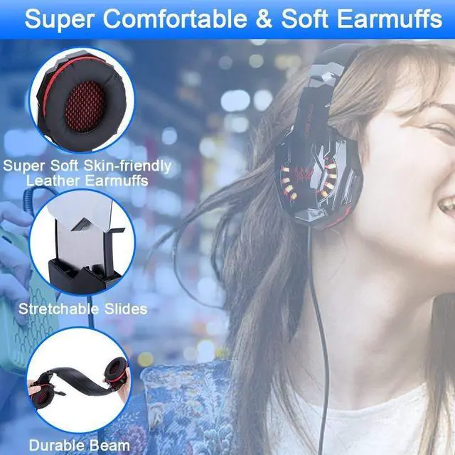 Alt view image 2 of 7 - Stereo Gaming Headset for PS4, PS5, PC, Xbox One, Noise Cancelling Over Ear Headphones with Mic, LED Light, Bass Surround, Soft Memory Earmuffs for Laptop Nintendo Switch (Black-Red)