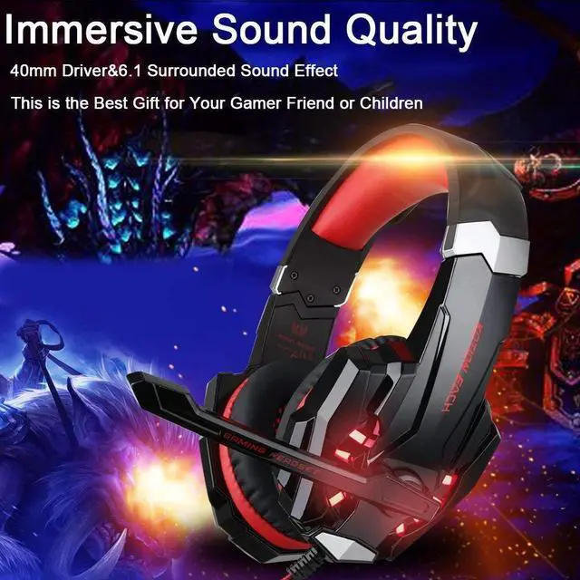 Alt view image 3 of 7 - Stereo Gaming Headset for PS4, PS5, PC, Xbox One, Noise Cancelling Over Ear Headphones with Mic, LED Light, Bass Surround, Soft Memory Earmuffs for Laptop Nintendo Switch (Black-Red)