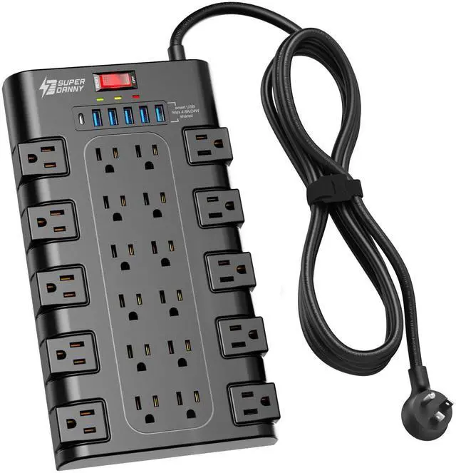 Main image of Power Strip Surge Protector, SUPERDANNY 8Ft Long Extension Cord with 6 USB Charging Ports and 22 AC Outlets, 1875W/15A, 2100 Joules, Flat Plug Power Outlet for Home, Office, Dorm, Gaming Room, Black