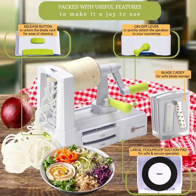 Alt view image 2 of 7 - 5-Blade Vegetable Spiralizer: Best Zucchini Spiral Slicer & Veggie Noodle Maker, Japanese Steel Blades, Strong Suction Cup, Blade Caddy, 4 Recipe eBooks | Low Carb, Vegan, Paleo, Gluten-Free