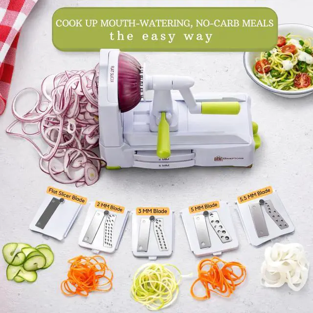 Alt view image 3 of 7 - 5-Blade Vegetable Spiralizer: Best Zucchini Spiral Slicer & Veggie Noodle Maker, Japanese Steel Blades, Strong Suction Cup, Blade Caddy, 4 Recipe eBooks | Low Carb, Vegan, Paleo, Gluten-Free