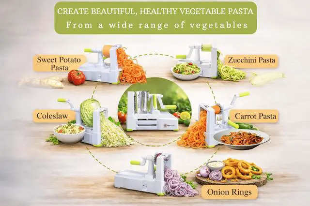 Alt view image 4 of 7 - 5-Blade Vegetable Spiralizer: Best Zucchini Spiral Slicer & Veggie Noodle Maker, Japanese Steel Blades, Strong Suction Cup, Blade Caddy, 4 Recipe eBooks | Low Carb, Vegan, Paleo, Gluten-Free