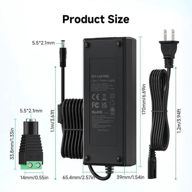 Alt view image 4 of 7 - 24V 5A 120W Power Supply Adapter ETL Listed 100-240V AC to 24V DC Converter Class 2 Power Supply, 5.5x2.1mm Jack for for Low Voltage LED Strip Lights, CCTV, Router, Electronics