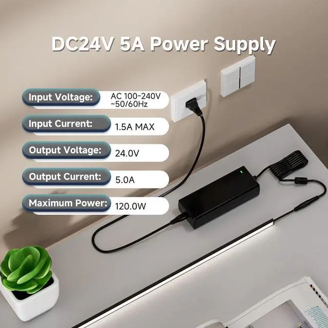 Alt view image 5 of 7 - 24V 5A 120W Power Supply Adapter ETL Listed 100-240V AC to 24V DC Converter Class 2 Power Supply, 5.5x2.1mm Jack for for Low Voltage LED Strip Lights, CCTV, Router, Electronics
