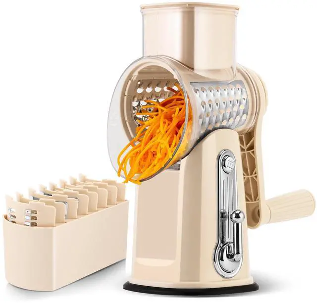 Main image of Rotary Cheese Grater with Handle - Vegetable Shredder with 5 Well-designed Blades & Strong Suction Base,Round Mandoline Slicer & Food Chopper for Kitchen,with Blade Storage Box(Beige)