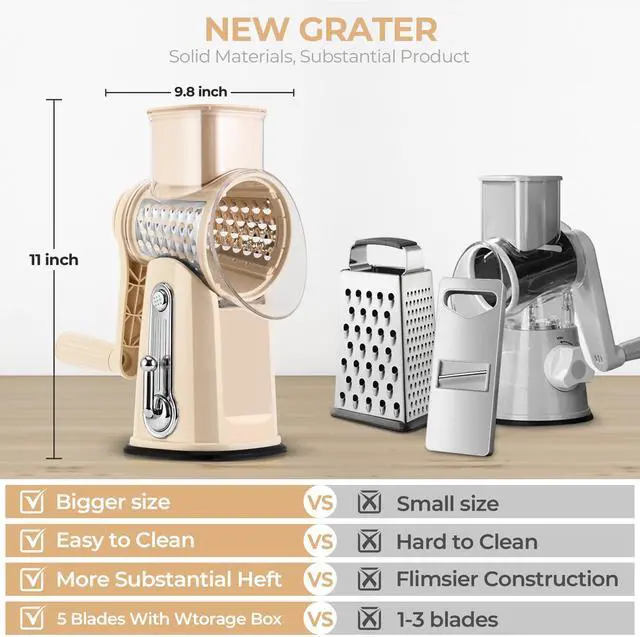 Alt view image 2 of 7 - Rotary Cheese Grater with Handle - Vegetable Shredder with 5 Well-designed Blades & Strong Suction Base,Round Mandoline Slicer & Food Chopper for Kitchen,with Blade Storage Box(Beige)
