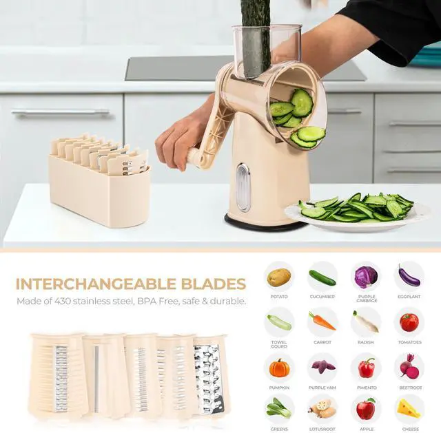 Alt view image 3 of 7 - Rotary Cheese Grater with Handle - Vegetable Shredder with 5 Well-designed Blades & Strong Suction Base,Round Mandoline Slicer & Food Chopper for Kitchen,with Blade Storage Box(Beige)