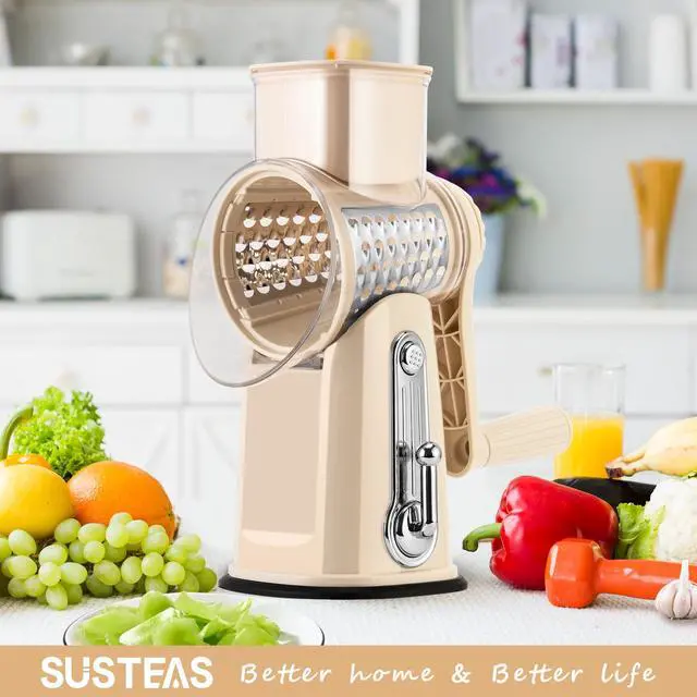 Alt view image 7 of 7 - Rotary Cheese Grater with Handle - Vegetable Shredder with 5 Well-designed Blades & Strong Suction Base,Round Mandoline Slicer & Food Chopper for Kitchen,with Blade Storage Box(Beige)