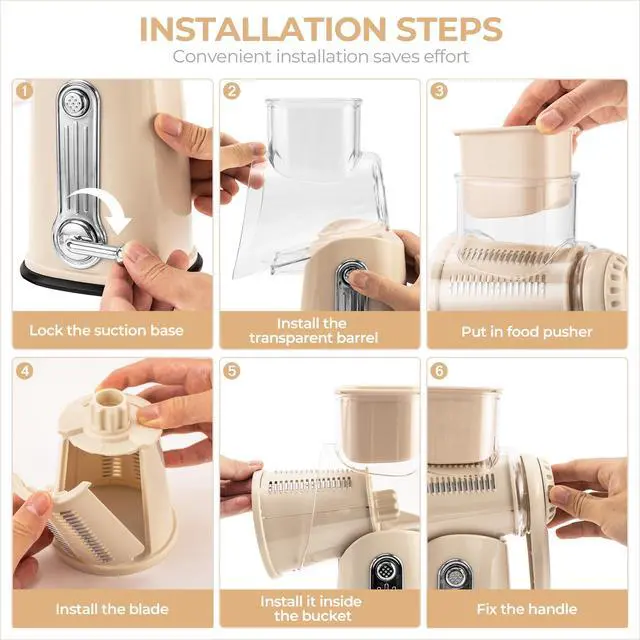 Alt view image 6 of 7 - Rotary Cheese Grater with Handle - Vegetable Shredder with 5 Well-designed Blades & Strong Suction Base,Round Mandoline Slicer & Food Chopper for Kitchen,with Blade Storage Box(Beige)