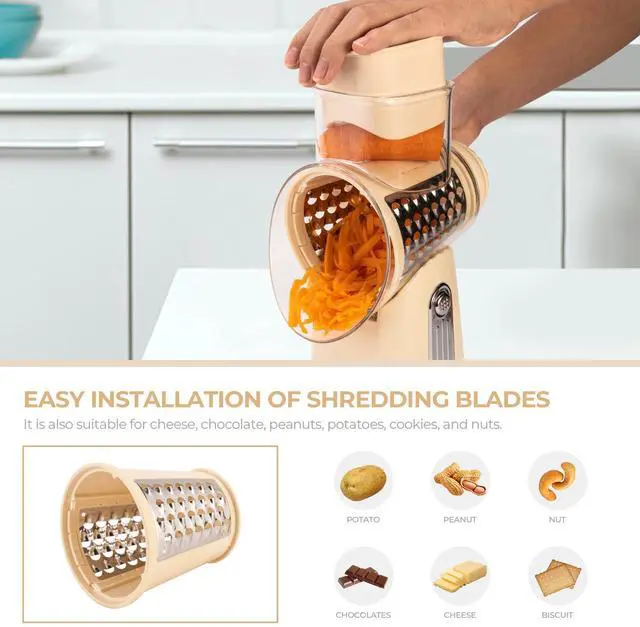 Alt view image 5 of 7 - Rotary Cheese Grater with Handle - Vegetable Shredder with 5 Well-designed Blades & Strong Suction Base,Round Mandoline Slicer & Food Chopper for Kitchen,with Blade Storage Box(Beige)
