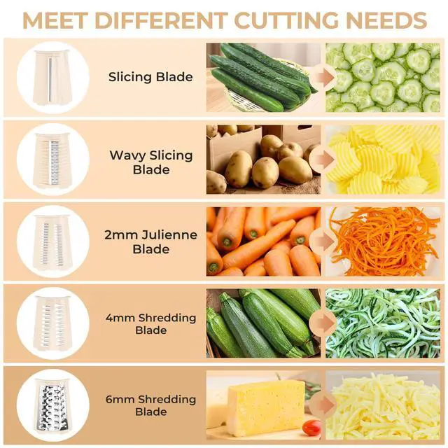 Alt view image 4 of 7 - Rotary Cheese Grater with Handle - Vegetable Shredder with 5 Well-designed Blades & Strong Suction Base,Round Mandoline Slicer & Food Chopper for Kitchen,with Blade Storage Box(Beige)
