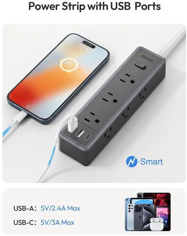 Alt view image 4 of 7 - Flat Extension Cord 15 FTSurge Protector Power Strip with 9 Widely Outlets and 3 USB Ports (1 USB-C), Flat Extension Cord with Multiple Outlets, 1080 Joule, Wall Mount, for Home Office, Dorm,Black