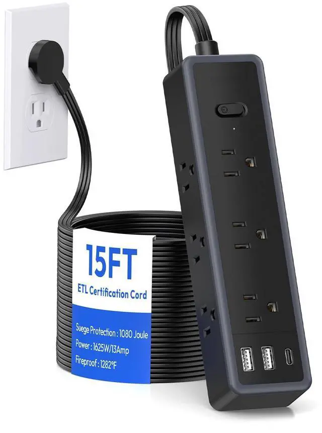 Main image of Flat Extension Cord 15 FTSurge Protector Power Strip with 9 Widely Outlets and 3 USB Ports (1 USB-C), Flat Extension Cord with Multiple Outlets, 1080 Joule, Wall Mount, for Home Office, Dorm,Black