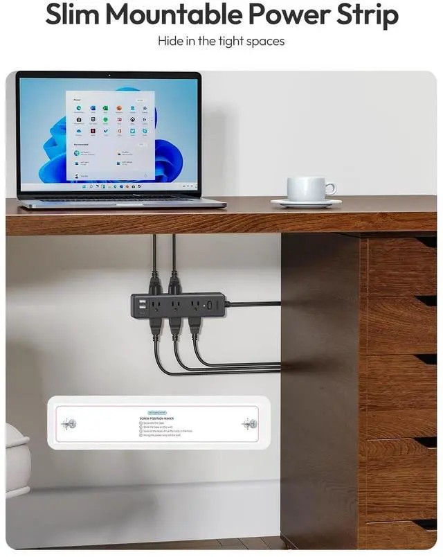 Alt view image 5 of 7 - Flat Extension Cord 15 FTSurge Protector Power Strip with 9 Widely Outlets and 3 USB Ports (1 USB-C), Flat Extension Cord with Multiple Outlets, 1080 Joule, Wall Mount, for Home Office, Dorm,Black