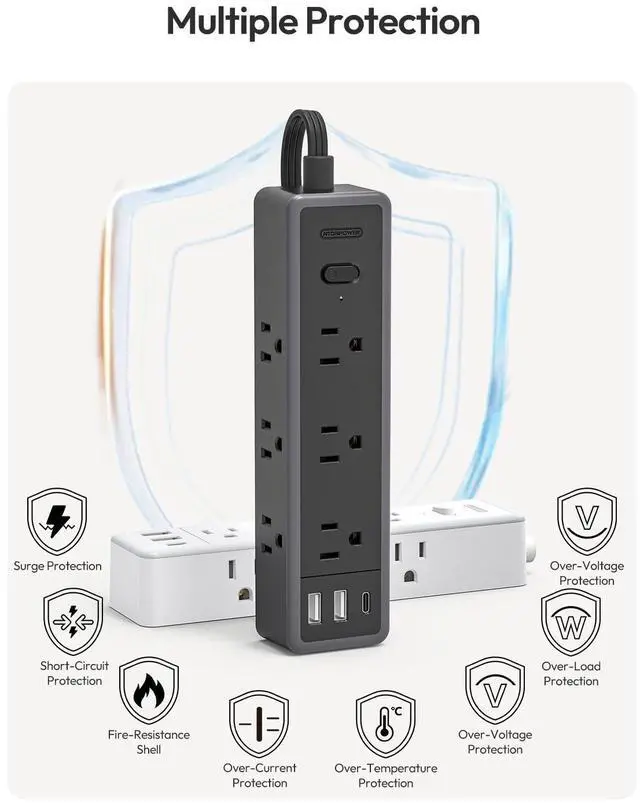 Alt view image 7 of 7 - Flat Extension Cord 15 FTSurge Protector Power Strip with 9 Widely Outlets and 3 USB Ports (1 USB-C), Flat Extension Cord with Multiple Outlets, 1080 Joule, Wall Mount, for Home Office, Dorm,Black