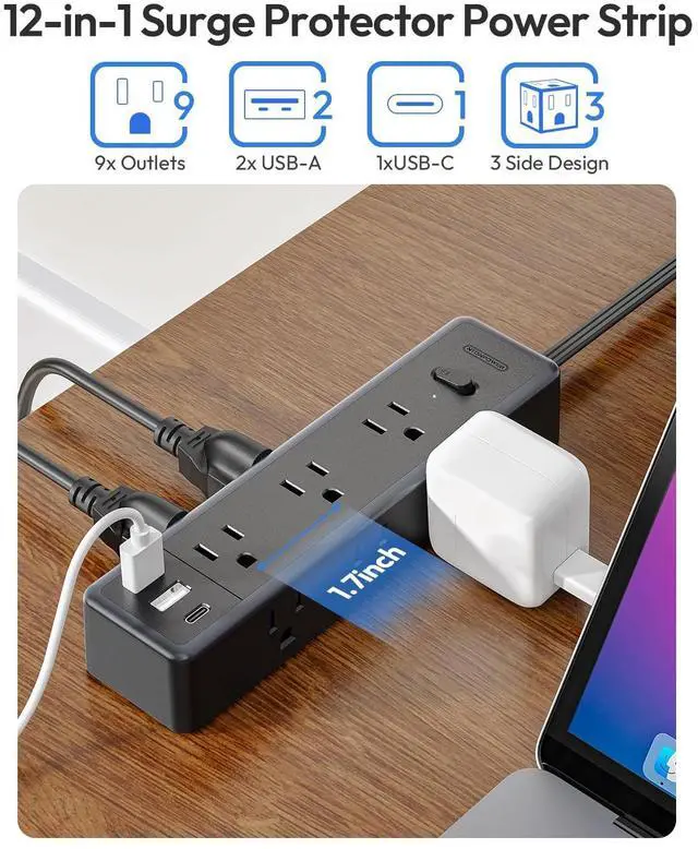 Alt view image 3 of 7 - Flat Extension Cord 15 FTSurge Protector Power Strip with 9 Widely Outlets and 3 USB Ports (1 USB-C), Flat Extension Cord with Multiple Outlets, 1080 Joule, Wall Mount, for Home Office, Dorm,Black