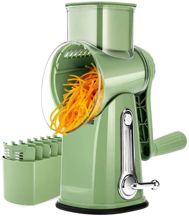 Main image of Rotary Cheese Grater with Handle - Vegetable Shredder with 5 Well-designed Blades & Strong Suction Base,Round Mandoline Slicer & Food Chopper for Kitchen,with Blade Storage Box(Retro Green)
