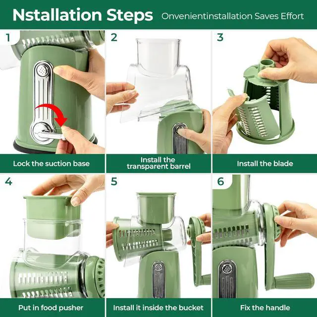 Alt view image 4 of 7 - Rotary Cheese Grater with Handle - Vegetable Shredder with 5 Well-designed Blades & Strong Suction Base,Round Mandoline Slicer & Food Chopper for Kitchen,with Blade Storage Box(Retro Green)
