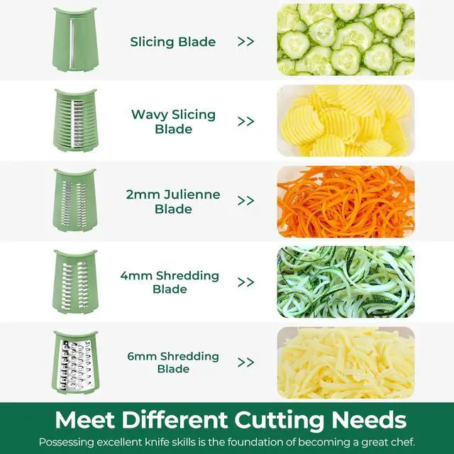 Alt view image 3 of 7 - Rotary Cheese Grater with Handle - Vegetable Shredder with 5 Well-designed Blades & Strong Suction Base,Round Mandoline Slicer & Food Chopper for Kitchen,with Blade Storage Box(Retro Green)