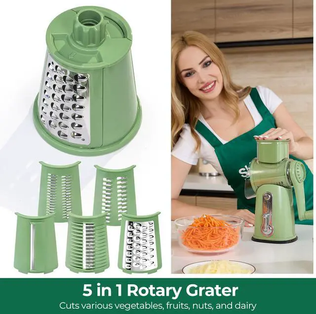 Alt view image 5 of 7 - Rotary Cheese Grater with Handle - Vegetable Shredder with 5 Well-designed Blades & Strong Suction Base,Round Mandoline Slicer & Food Chopper for Kitchen,with Blade Storage Box(Retro Green)