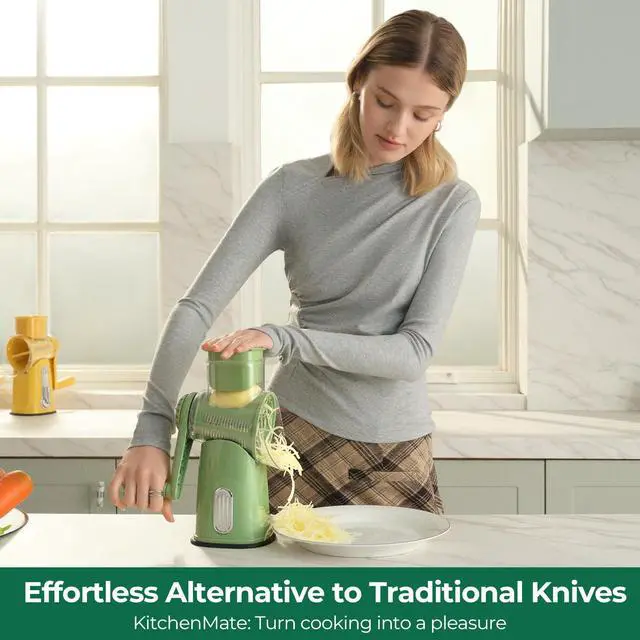 Alt view image 6 of 7 - Rotary Cheese Grater with Handle - Vegetable Shredder with 5 Well-designed Blades & Strong Suction Base,Round Mandoline Slicer & Food Chopper for Kitchen,with Blade Storage Box(Retro Green)