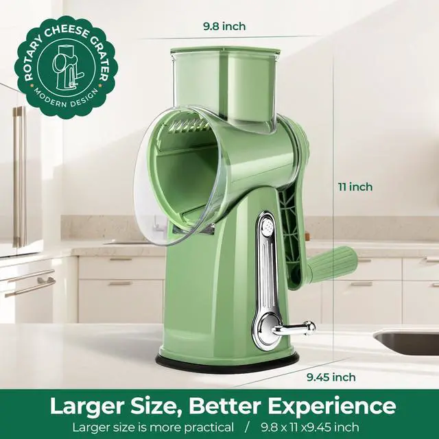 Alt view image 7 of 7 - Rotary Cheese Grater with Handle - Vegetable Shredder with 5 Well-designed Blades & Strong Suction Base,Round Mandoline Slicer & Food Chopper for Kitchen,with Blade Storage Box(Retro Green)