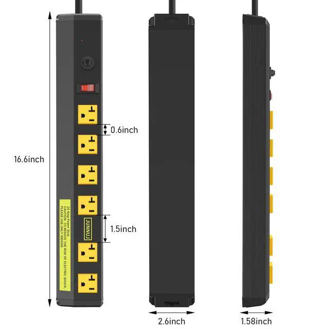 Alt view image 2 of 3 - 20 Amp Power Strip Surge Protector 4800J, High Amp Surge Protector 6 Outlet, Wall Mount Metal Multiple Plugs for Industrial Garage Shop Wide Spaced 6-20R T-Slot with Circuit Breaker, Cord 6ft