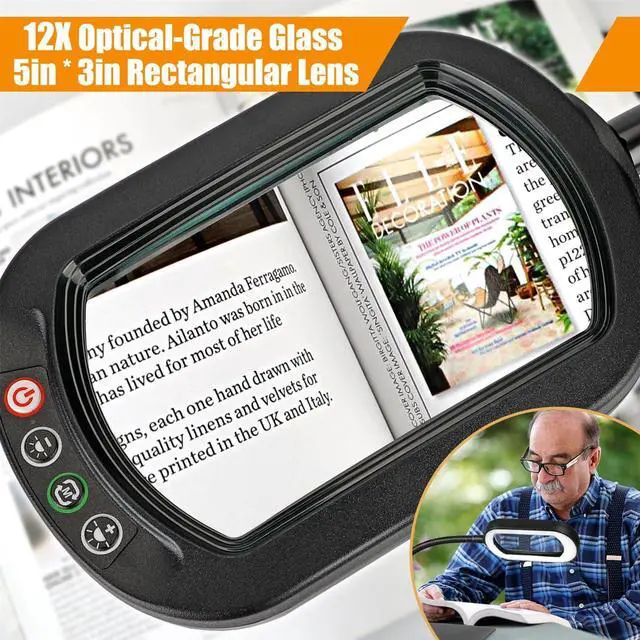 Alt view image 2 of 7 - 12X Rectangle Magnifying Glass with Light and Stand, Flexible Gooseneck LED Lighted Desk Lamp, 5 Color Modes Stepless Dimmable, Hands Free Magnifier for Reading Crafts Painting Close Work