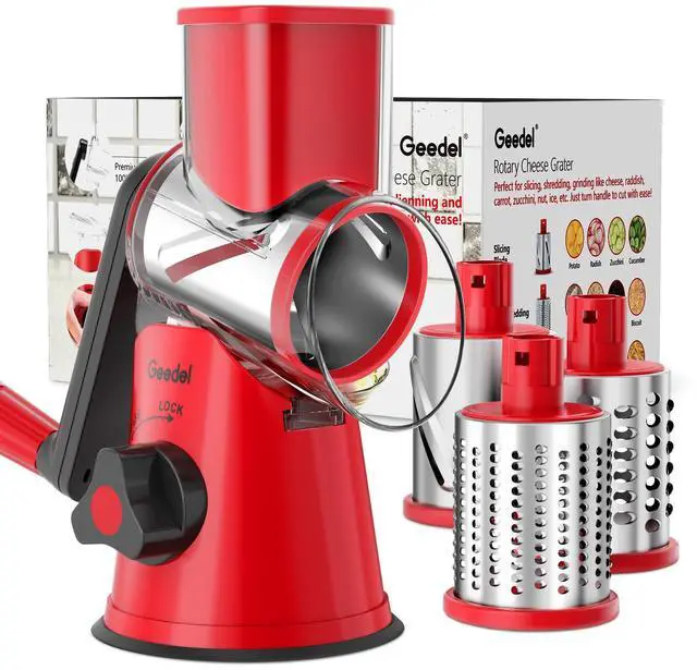 Main image of Rotary Cheese Grater, Kitchen Mandoline Vegetable Slicer with 3 Interchangeable Blades, Easy to Clean Rotary Grater Slicer for Cheese, Vegetables, Nuts
