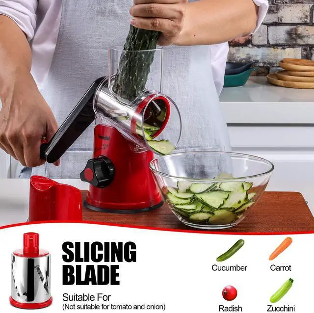 Alt view image 3 of 7 - Rotary Cheese Grater, Kitchen Mandoline Vegetable Slicer with 3 Interchangeable Blades, Easy to Clean Rotary Grater Slicer for Cheese, Vegetables, Nuts
