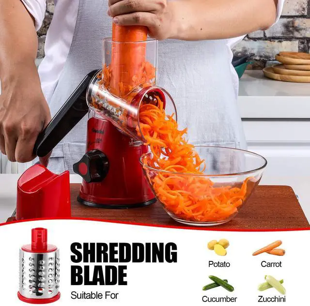 Alt view image 4 of 7 - Rotary Cheese Grater, Kitchen Mandoline Vegetable Slicer with 3 Interchangeable Blades, Easy to Clean Rotary Grater Slicer for Cheese, Vegetables, Nuts