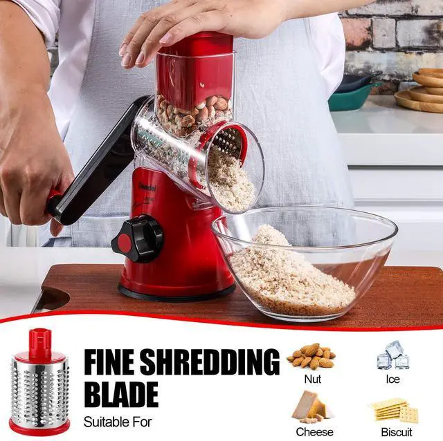Alt view image 5 of 7 - Rotary Cheese Grater, Kitchen Mandoline Vegetable Slicer with 3 Interchangeable Blades, Easy to Clean Rotary Grater Slicer for Cheese, Vegetables, Nuts