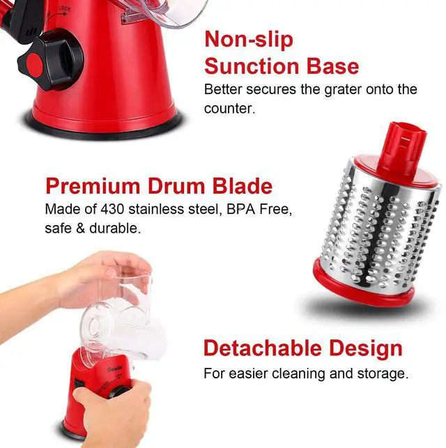Alt view image 6 of 7 - Rotary Cheese Grater, Kitchen Mandoline Vegetable Slicer with 3 Interchangeable Blades, Easy to Clean Rotary Grater Slicer for Cheese, Vegetables, Nuts