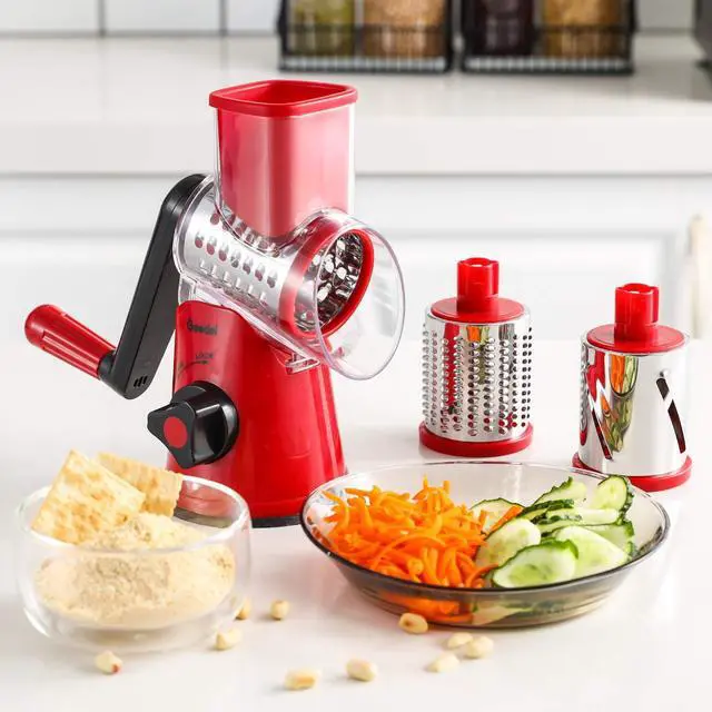 Alt view image 7 of 7 - Rotary Cheese Grater, Kitchen Mandoline Vegetable Slicer with 3 Interchangeable Blades, Easy to Clean Rotary Grater Slicer for Cheese, Vegetables, Nuts