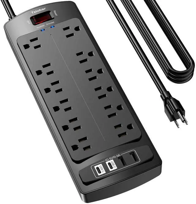 Main image of 15 Ft Extension Cord Power Strip, Teiobar Surge Protector with 12 AC Outlets and 4 USB Ports for Home, Office, Dorm Essentials, 2700 Joules, ETL Listed, Black