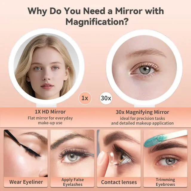 Alt view image 2 of 7 - Makeup Mirror with Lights, Magnifying Mirror 1X/30X with Adjustable 3 Color Light, Double Side Control, 2000mAh Rechargeable, Lighted Makeup Mirror with Magnification, Smart Memory, Gift for Women