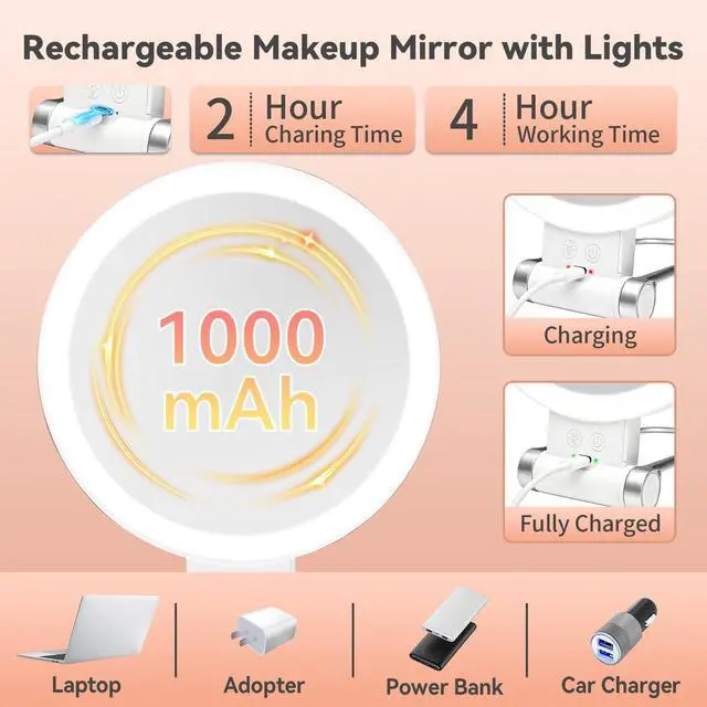 Alt view image 5 of 7 - Makeup Mirror with Lights, Magnifying Mirror 1X/30X with Adjustable 3 Color Light, Double Side Control, 2000mAh Rechargeable, Lighted Makeup Mirror with Magnification, Smart Memory, Gift for Women