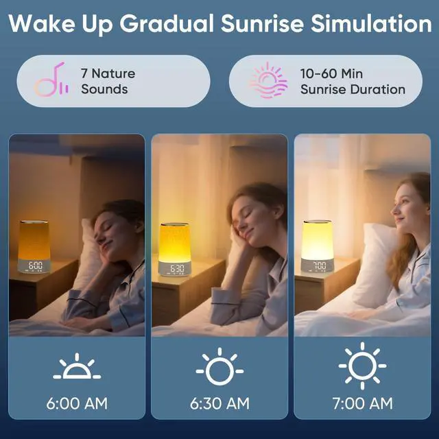 Alt view image 3 of 7 - Sunrise Alarm Clock with Wake Up Light, White Noise Machine with 30 Soothing Sounds, Dimmable Display, Night Light for Bedroom, Heavy Sleepers, Adults & Kids