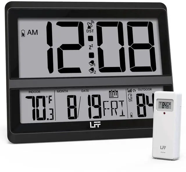 Main image of Atomic Clock Large Display, Digital Wall Clock with Indoor Outdoor Temperature and Date, Wireless Outdoor Sensor, Digital Desk Alarm Clock Battery Operated for Bedroom, Easy to Read, Black